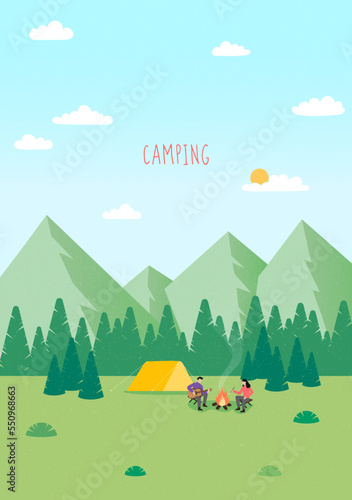 Summer camp, Tent, Campfire, Pine forest and rocky mountains background, holidays outside city, happy girl and boy at picnic, Useful outdoor recreation, interesting journey. Modern flat design vector.