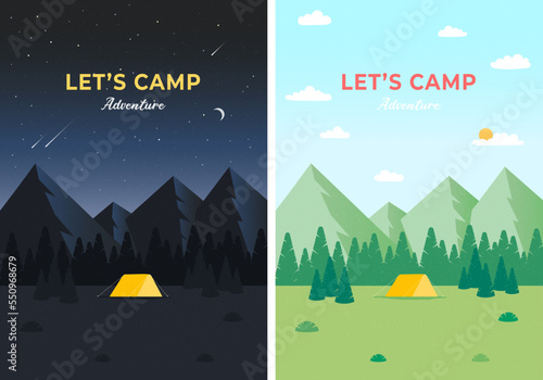 Day and night landscape illustrations with mountains. Evening Camp. Pine forest and rocky mountains. Campfire Nature landscape. Vertical web banner for summer camp. Modern flat design vector.