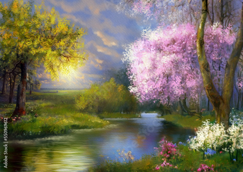 Very beautiful sunrise in spring. Blooming cherry orchard, wide river in the garden. Artwork, paintings landscape, spring in the park, spring in the forest