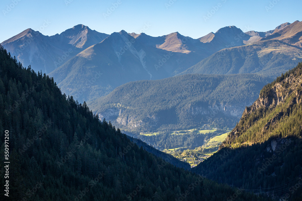 Fototapeta premium Dramatic landscape of swiss alps in upper Engadine, Graubunden, Switzerland