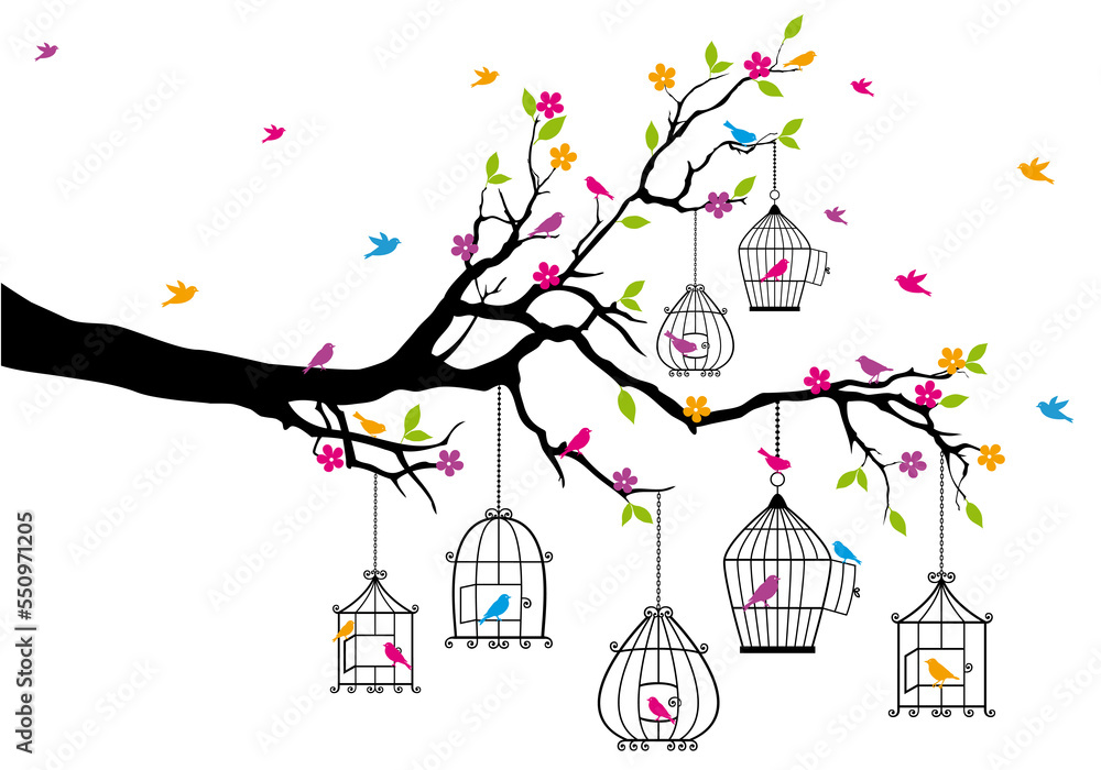 Tree with birds and birdcages, colorful flowers, illustration over a transparent background, PNG image