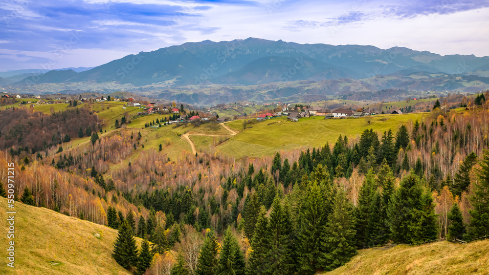 Beautiful landscape with Carpathian Mountains in Brasov county Romania captured in autumn 