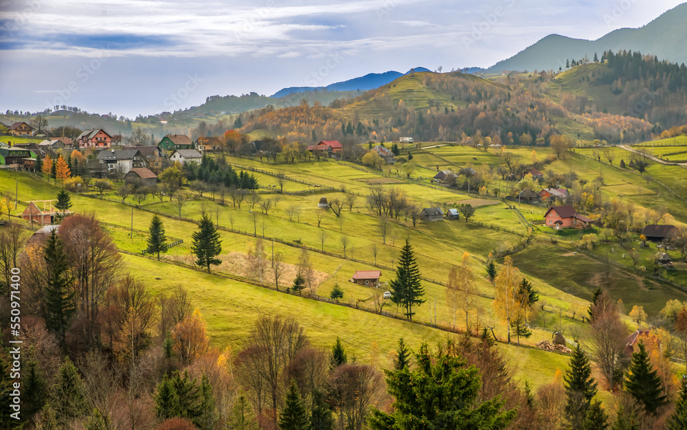 Beautiful landscape with Carpathian Mountains in Brasov county Romania captured in autumn 