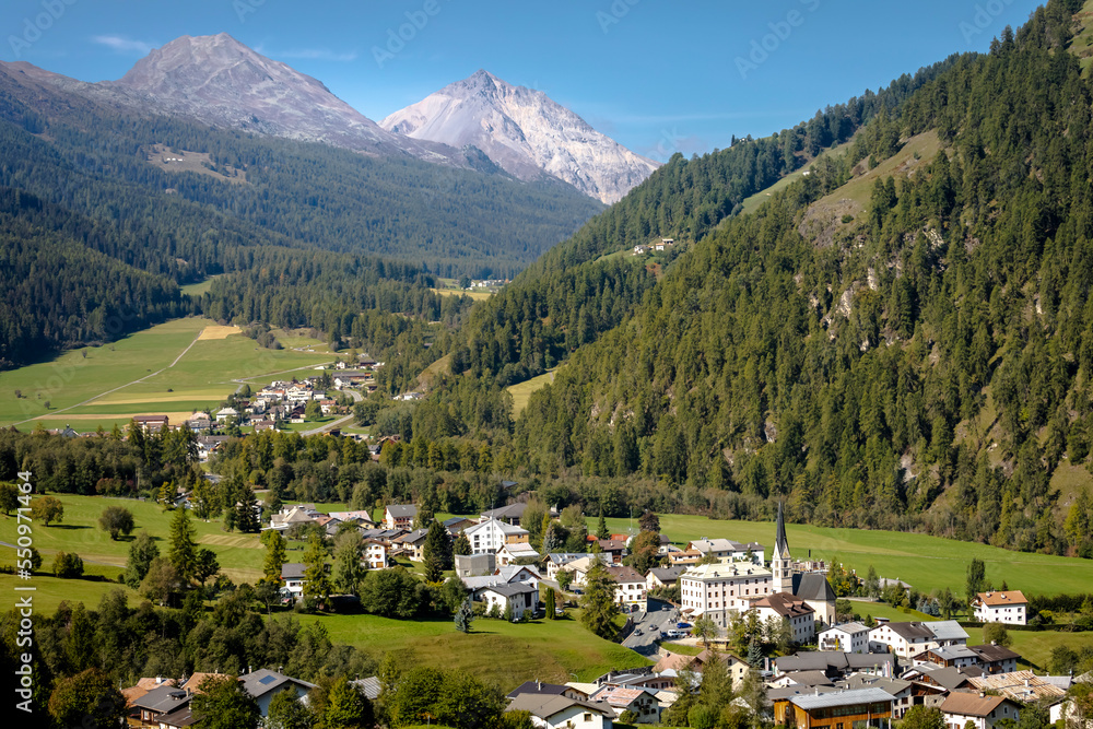 Idyllic landscape of Santa Maria village, Engadine, Swiss Alps, Switzerland