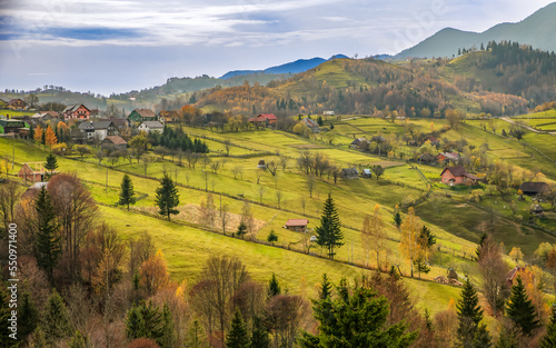 Fototapeta Naklejka Na Ścianę i Meble -  Beautiful landscape with Carpathian Mountains in Brasov county Romania captured in autumn 