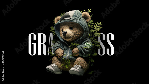 Plush cute bear doll in an embrace with a marijuana bush on a black background. For street style t shirt design graphic. Vector illustration