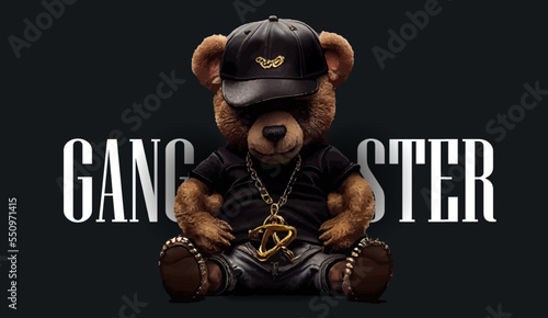 Cute, funny teddy bear in a cap and with a chain on a black background. Gangster kars slogan with a bear doll. Vector illustration