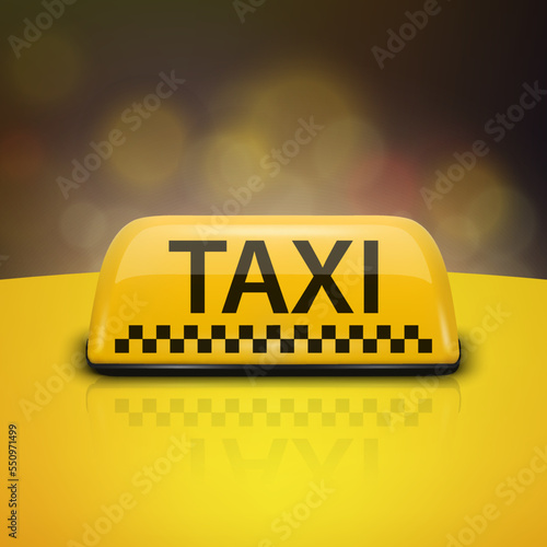 Vector 3d Realistic Taxi Car Roof Sign Icon Set Closeup on the Roof of a Car on a Blurred Background. Yellow French Taxi Sign, Design Template for Taxi Service, Mockup. Front View