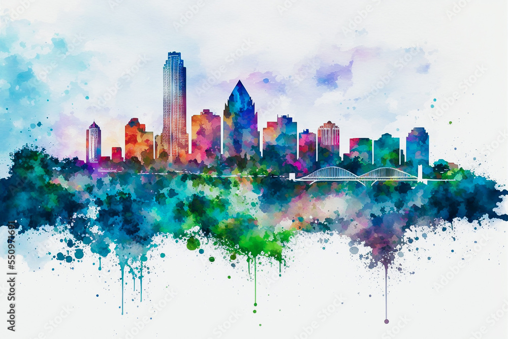 AI-Generated city skyline of Austin, Texas in watercolor