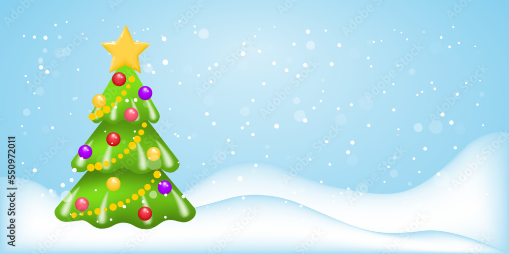Christmas tree with snow. Festive winter background with a decorated Christmas tree and snowdrifts. Vector template for a Happy New Year or Merry Christmas greeting banner, poster or postcard. Vector. Christmas tree with snow. Festive winter background with a decorated Christmas tree and snowdrifts. Vector template for a Happy New Year or Merry Christmas greeting banner, poster or postcard. Vector.
