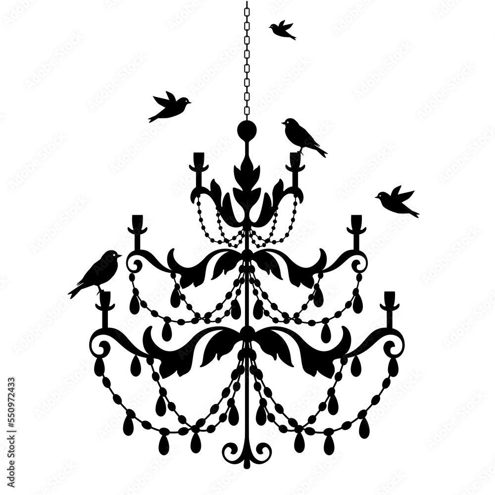 Antique chandelier with birds, black silhouette, illustration over a transparent background, PNG image