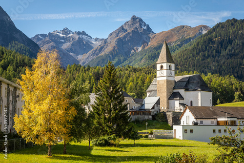 Idyllic landscape of Scuol Tarasp village, Engadine, Swiss Alps, Switzerland photo