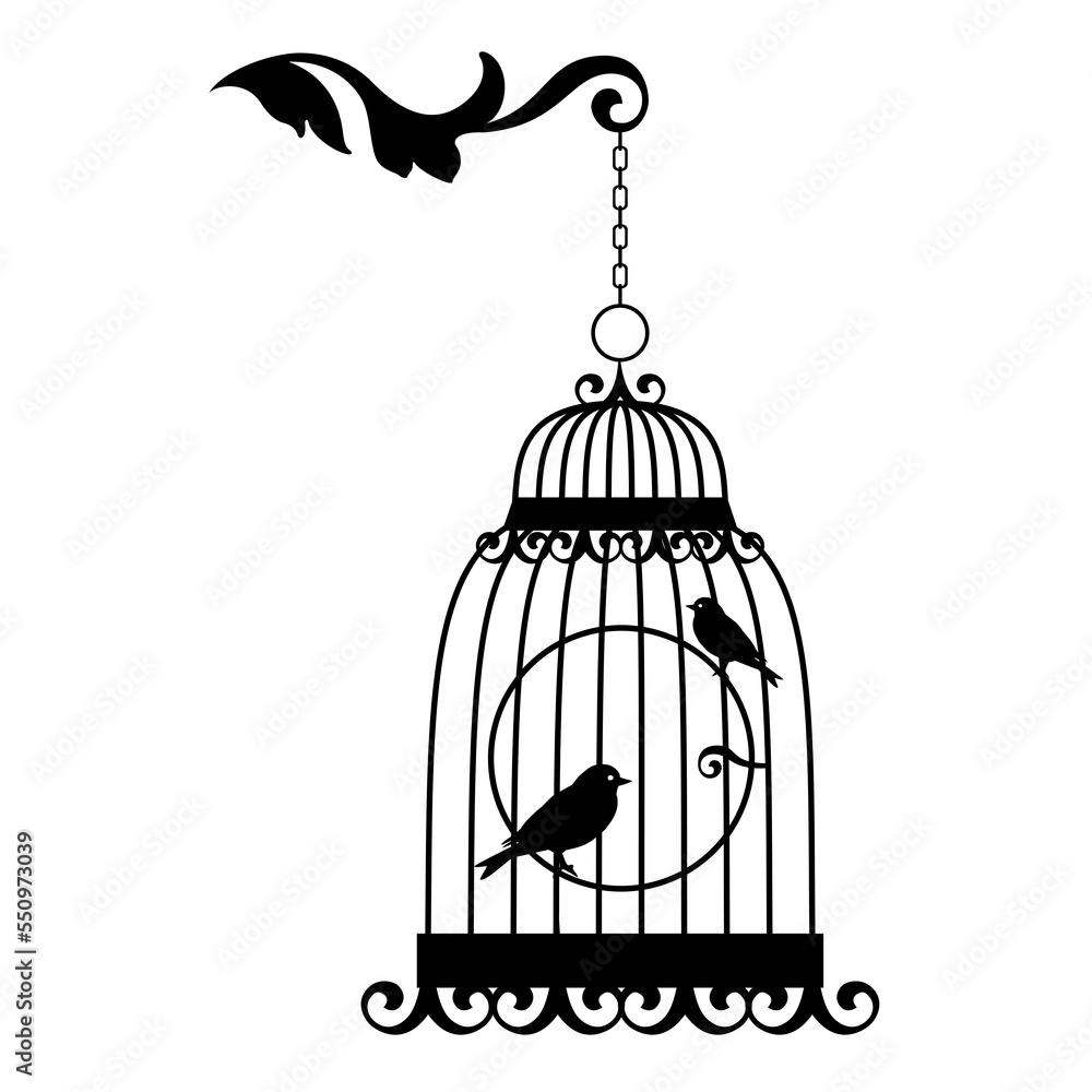 Antique birdcage with birds, black silhouette, illustration over a ...
