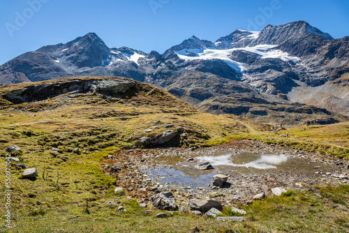 Bernina and Palu mountain range with lake in the Alps  Engadine  Switzerland