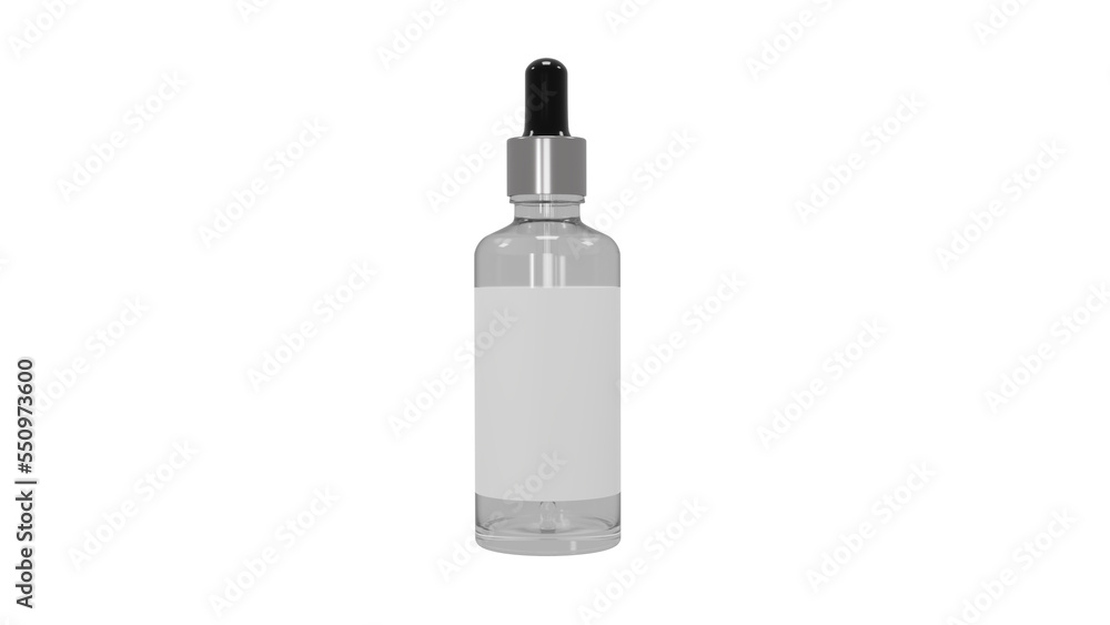Mock up of realistic transparent glass bottle for oil and cosmetics with dropper or pipette on transparent background. Cosmetic concept. 3D render