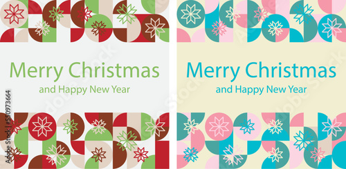 Set of colorful christmas bauhaus templates with trendy abstract design. Vector illustration with geometric shapes  and snowflakes 