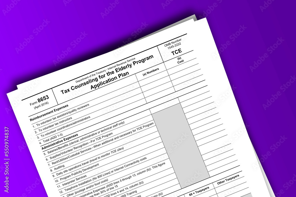 Form 8653 documentation published IRS USA 04.20.2016. American tax document on colored Form 8653 documentation published IRS USA 04.20.2016. American tax document on colored