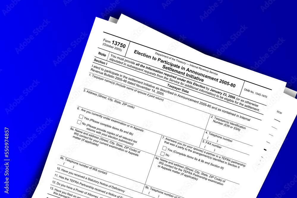Form 13750 documentation published IRS USA 07.17.2012. American tax document on colored Form 13750 documentation published IRS USA 07.17.2012. American tax document on colored