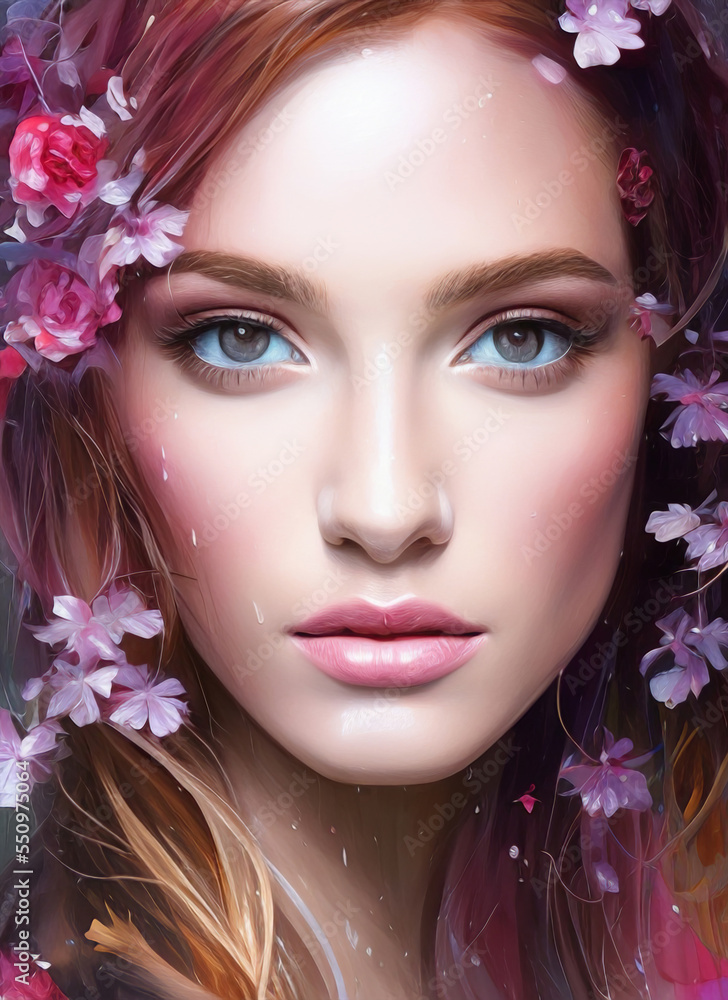 Portrait painting of a beautiful woman. Abstract Illustration of a beautiful girl with flowers Portrait painting of a beautiful woman. Abstract Illustration of a beautiful girl with flowers