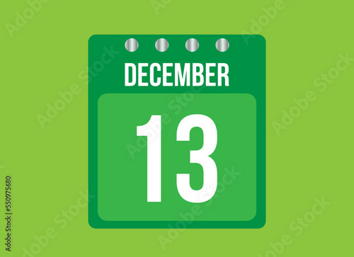 13 day december calendar vector. Calendar page icon for the month of december with metallic pin. Calendar on green background.