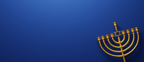 Golden menorah on dark blue background. Hanukkah Jewish holiday banner design with copy space. 3d render