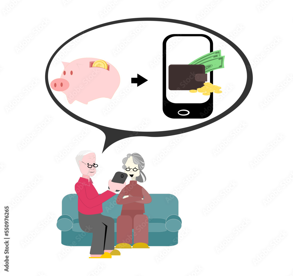 Vector illustration old man, old woman sitting on the sofa watching the mobile.Grandparents use your savings to invest in cryptocurrencies.digital money concept. Technology Learning for the Elderly.