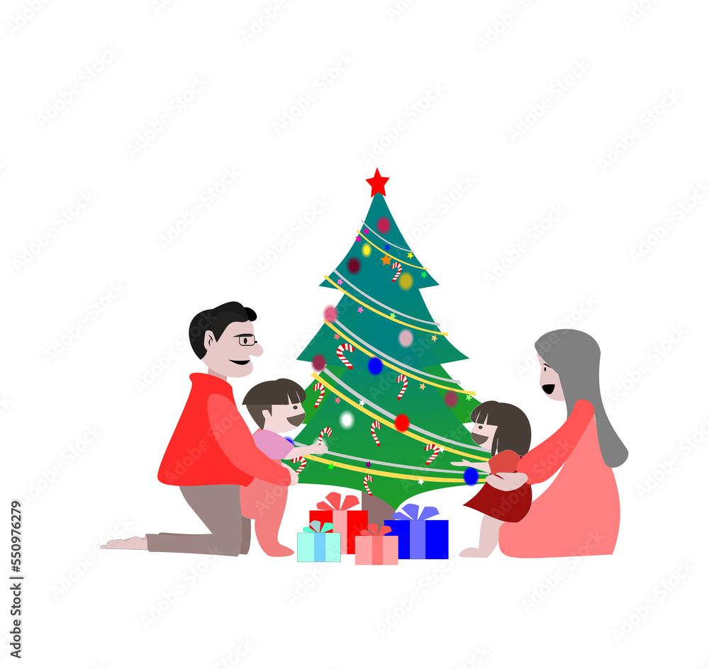 Parents and children help decorate the Christmas tree.family and happy new year concept.illusatration on transparent background.png. Parents and children help decorate the Christmas tree.family and happy new year concept.illusatration on transparent background.png.