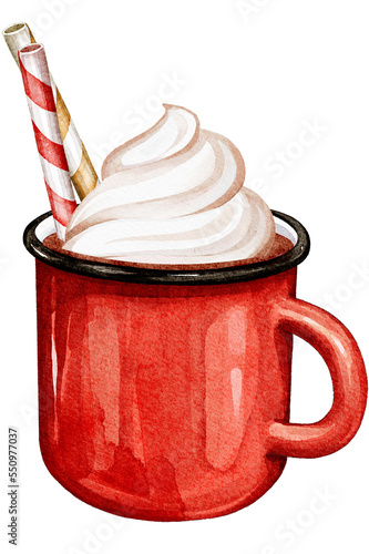 Hot Chocolate Whipped Cream Red Mug Clipart. Watercolor Christmas Clipart