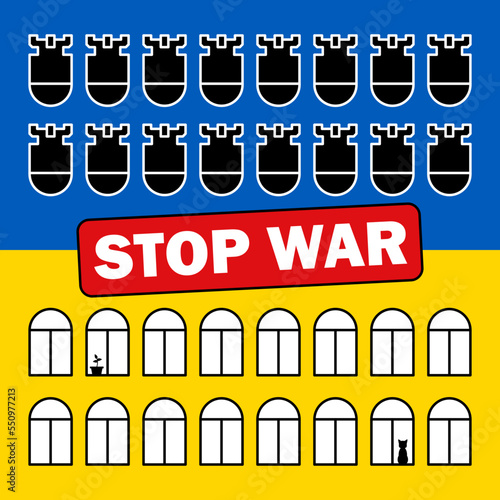 Stop war in Ukraine. Falling bombs against peaceful windows. Russian military aggression. Attacks on civilians and civilian infrastructure.