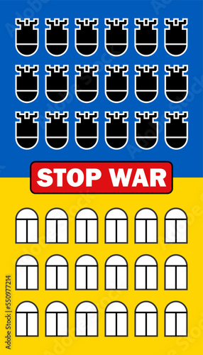 Stop war in Ukraine. Falling bombs against peaceful windows. Russian military aggression. Attacks on civilians and civilian infrastructure.