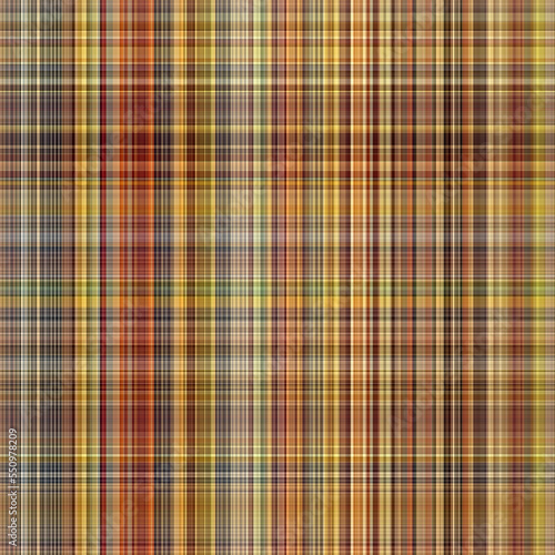 Woodland brown tartan seamless pattern textile. Tonal autumnal forest plaid with organic texture. Background of orange stripe for rough wallpaper. 