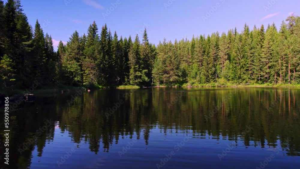 Mountain forest lake in swedish nature. Reflection of the trees in the water, calm water ripples water. On the shore of the lake, trees are in direct sunlight and shade, Low angle view arc shot Mountain forest lake in swedish nature. Reflection of the trees in the water, calm water ripples water. On the shore of the lake, trees are in direct sunlight and shade, Low angle view arc shot