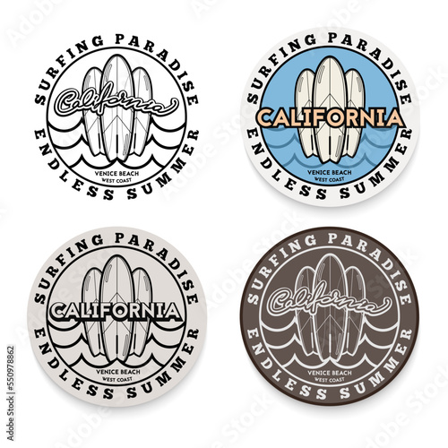 Surfing theme logo set in retro style. Vector illustration.