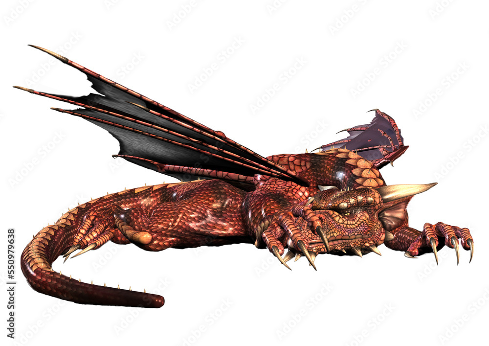 3d digital render of a dragon laying down with claws over his face, on