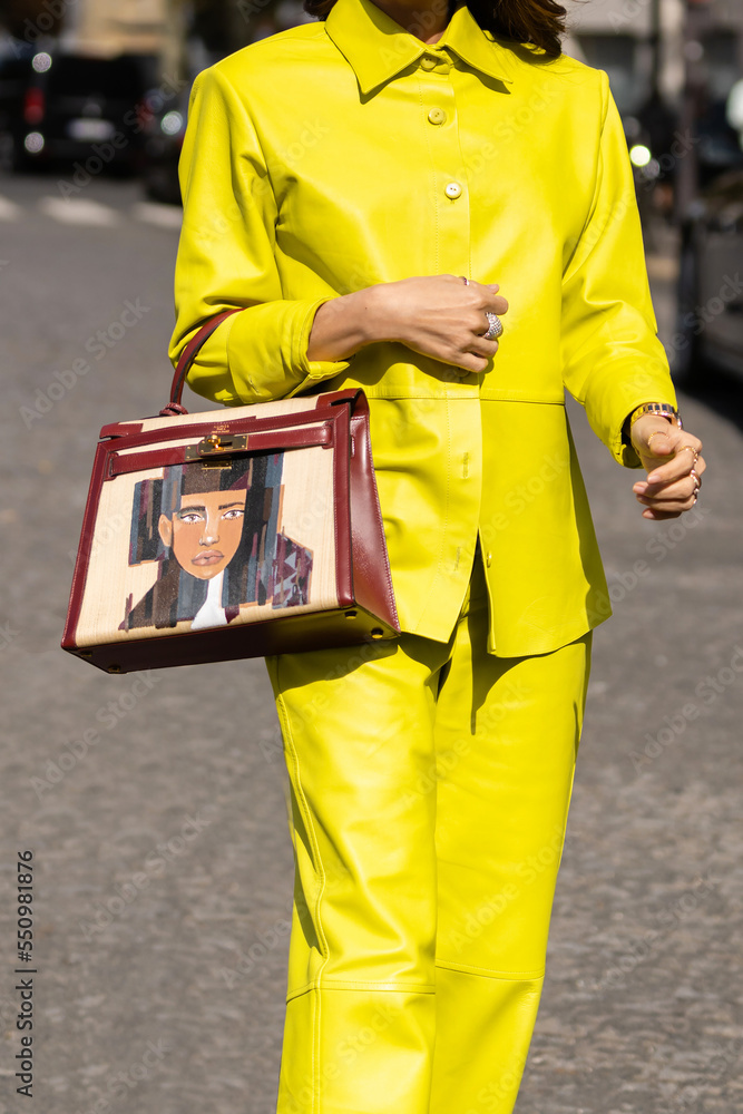 Paris, France - October, 1: Woman Wearing Leather Mini Kelly Handbag from  Hermes, Street Style Outfit. Editorial Photography - Image of logo, label:  261474647