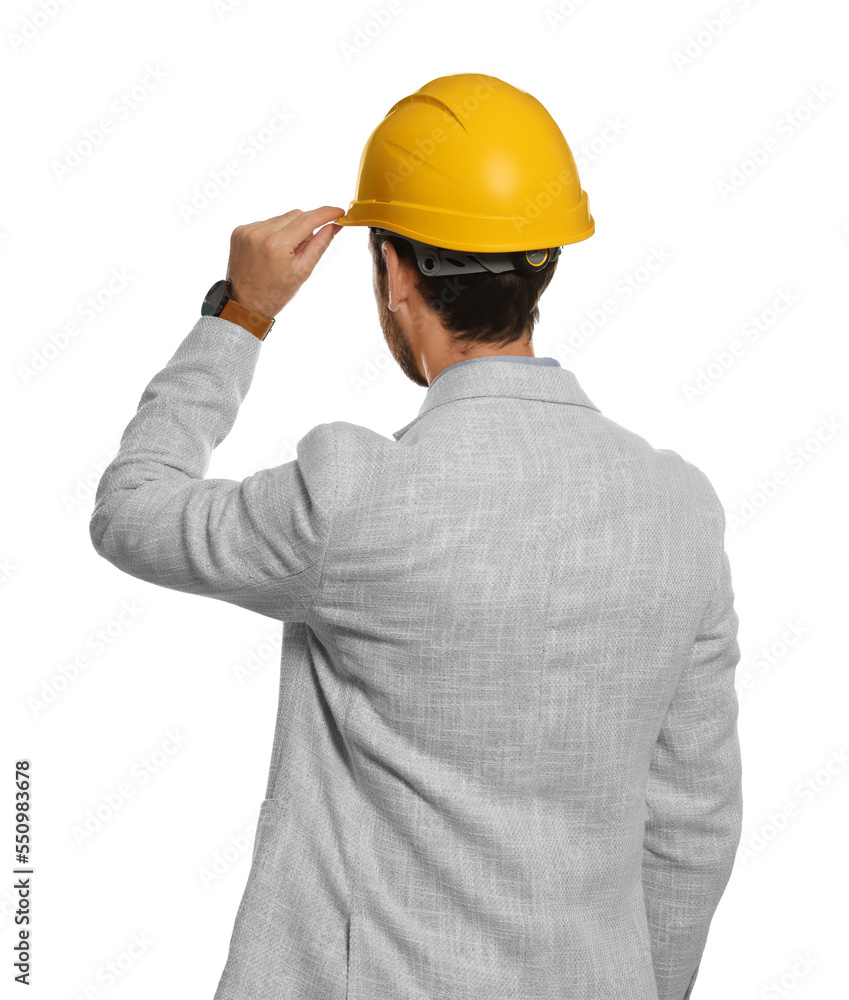 Professional engineer in hard hat isolated on white, back view Professional engineer in hard hat isolated on white, back view