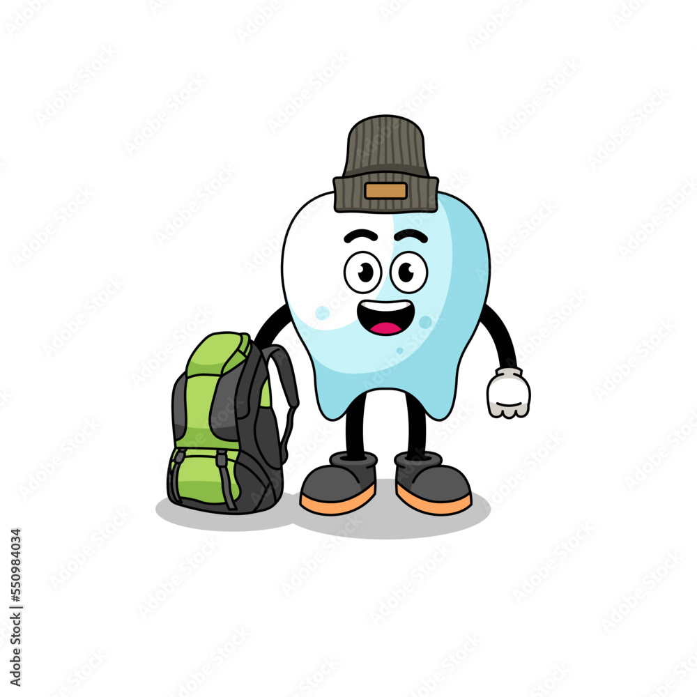 Illustration of tooth mascot as a hiker