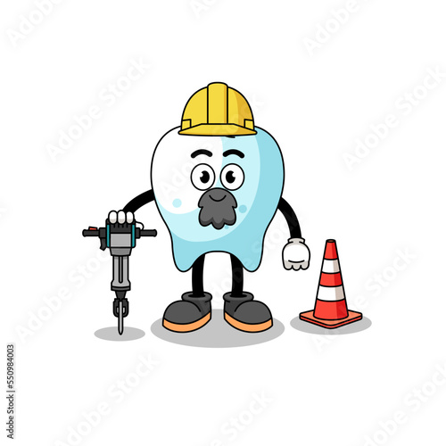 Character cartoon of tooth working on road construction