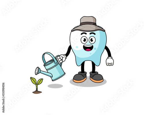 Illustration of tooth cartoon watering the plant