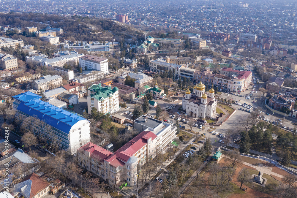 Aerial view of historical part of Pyatigorsk with Spassky Cathedral on sunny winter day. Stavropol Krai, Russia.