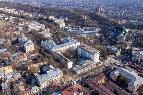 Aerial view of historical part of Pyatigorsk on sunny winter day. Stavropol Krai, Russia.