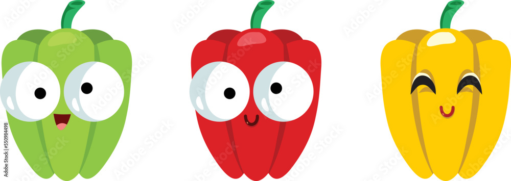Fototapeta premium Three Cartoon Bell peppers in Different Colors Vector Cartoon Illustration. Adorable capsicum pepper characters smiling together 