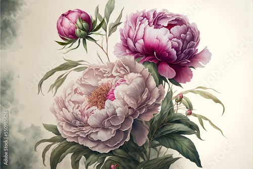 Pink and purple peonies on light background  generative art 