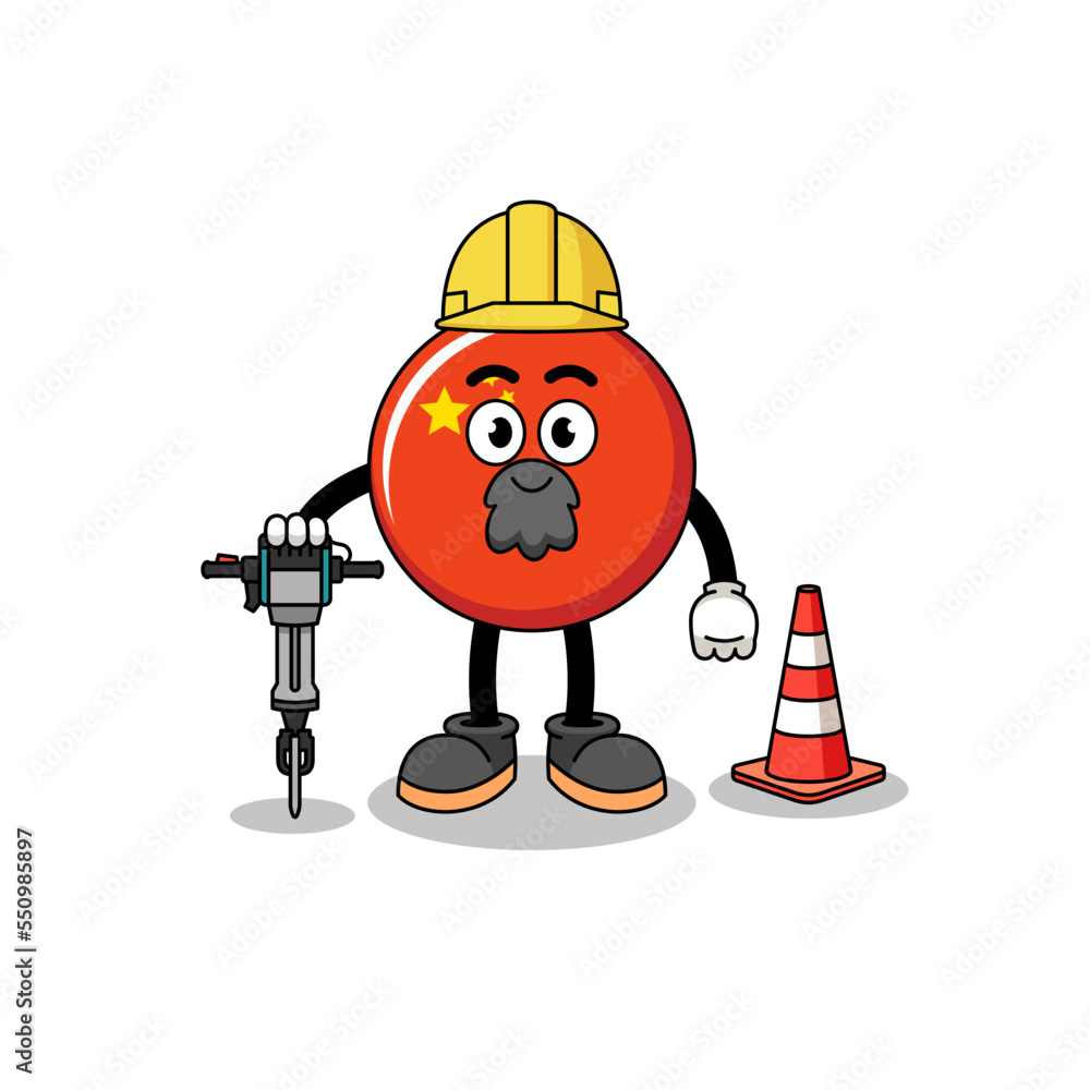 Character cartoon of china flag working on road construction Character cartoon of china flag working on road construction