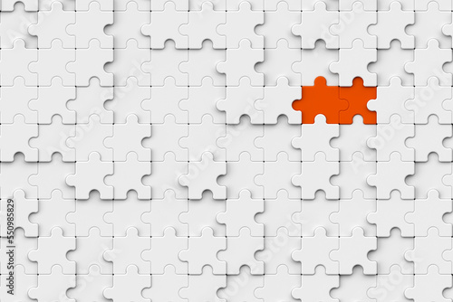 Two orange jigsaw puzzle ready to fit in white jigsaw board. jigsaw puzzle pieces to finished work concept. business success concept, 3d rendering