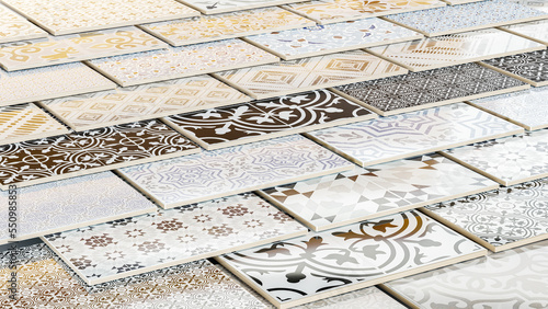 Kitchen and bathroom tiles showroom display of new tiling ceramic and porcelain design for floors and walls for home building improvement designers.