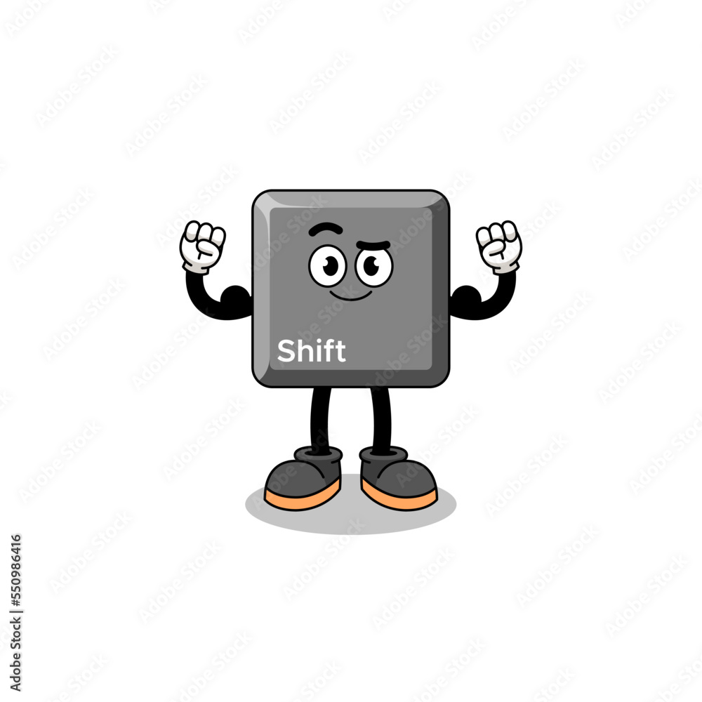 Mascot cartoon of keyboard shift key posing with muscle