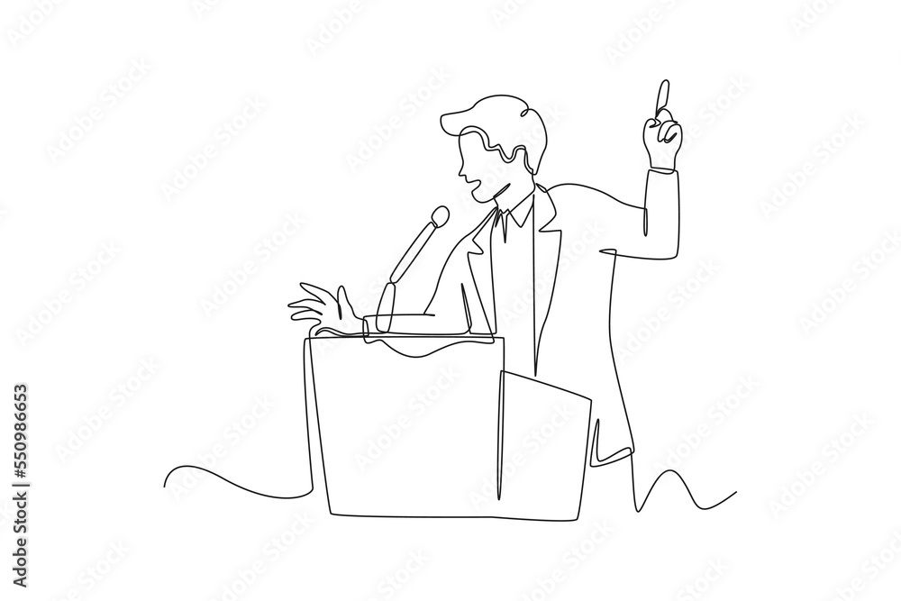 Continuous one line drawing politician delivering speech during election period for General Regional or Presidential Election. Voting concept. Single line draw design vector graphic illustration.