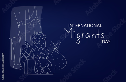 International Migrants day. dapk mode,  Vector  horizontal flat doodle illustration for social media banner, poster.