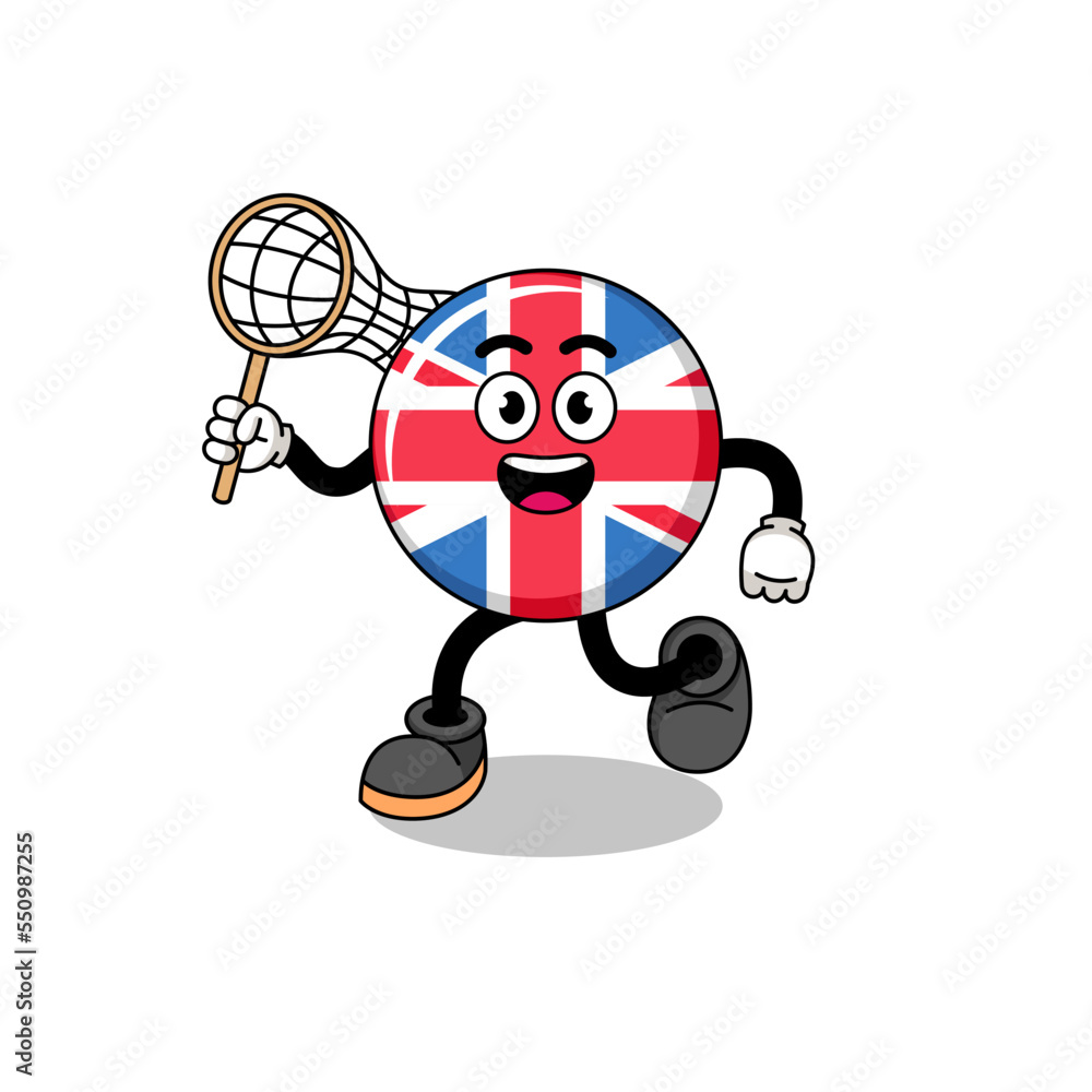 Cartoon of united kingdom flag catching a butterfly Cartoon of united kingdom flag catching a butterfly